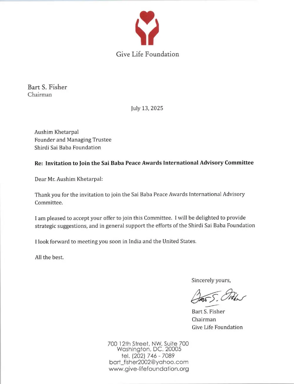 Acceptance Letter — Bart S. Fisher