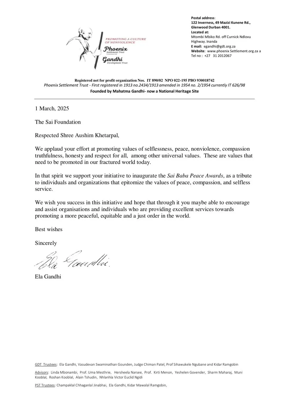 Support Letter — Ela Gandhi
