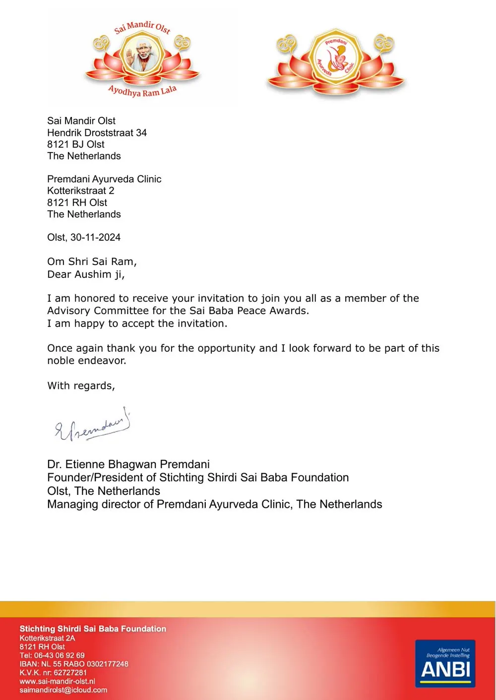 Acceptance Letter — Dr. Etienne Bhagwan Premdani