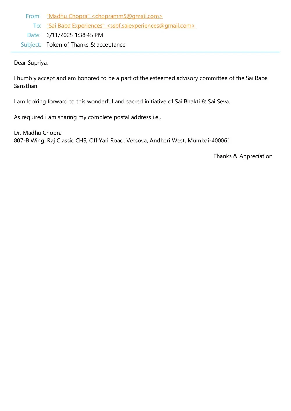 Email Confirmation — Dr. Madhu Chopra