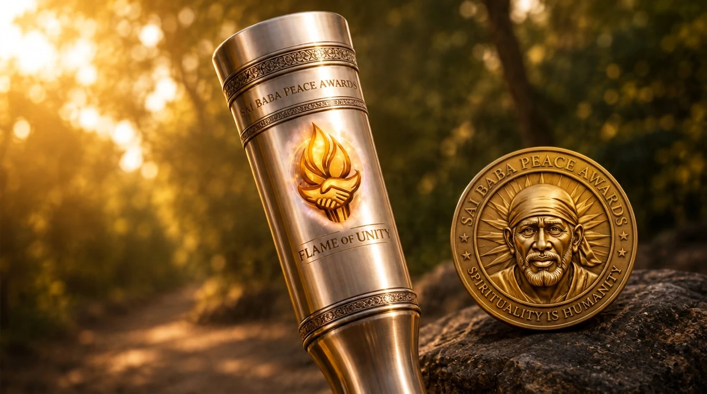 The Sai Baba Peace & Unity Baton beside the Sai Baba Peace Awards medal, lit by golden light