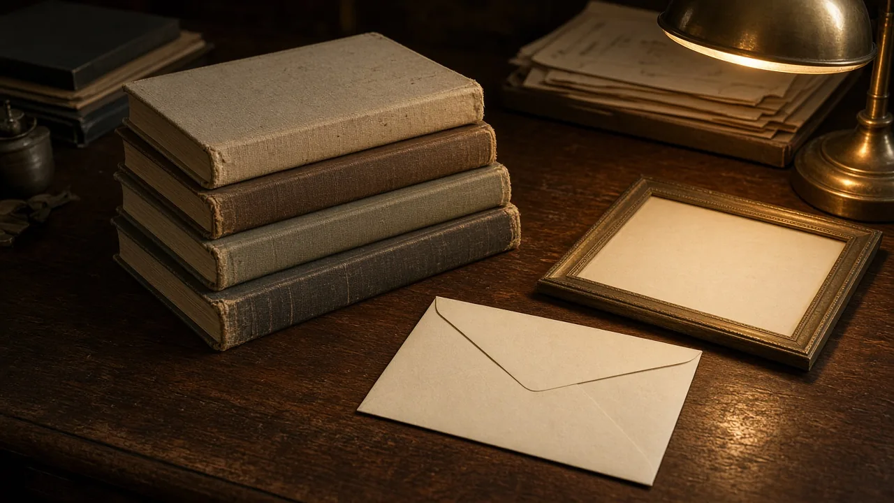 Archival volumes and an empty frame on a desk