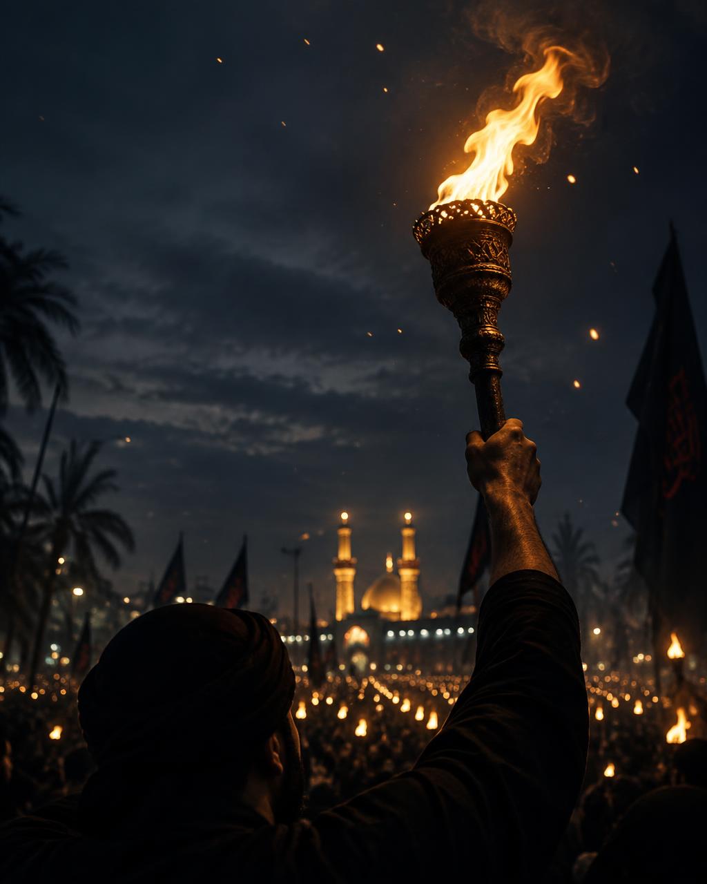 A golden flame torch held aloft at dusk before a gathered crowd