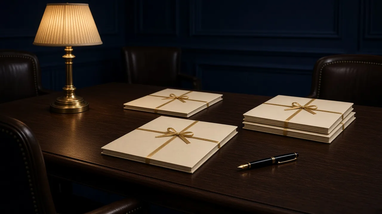Closed dossiers on a table before a confidential review