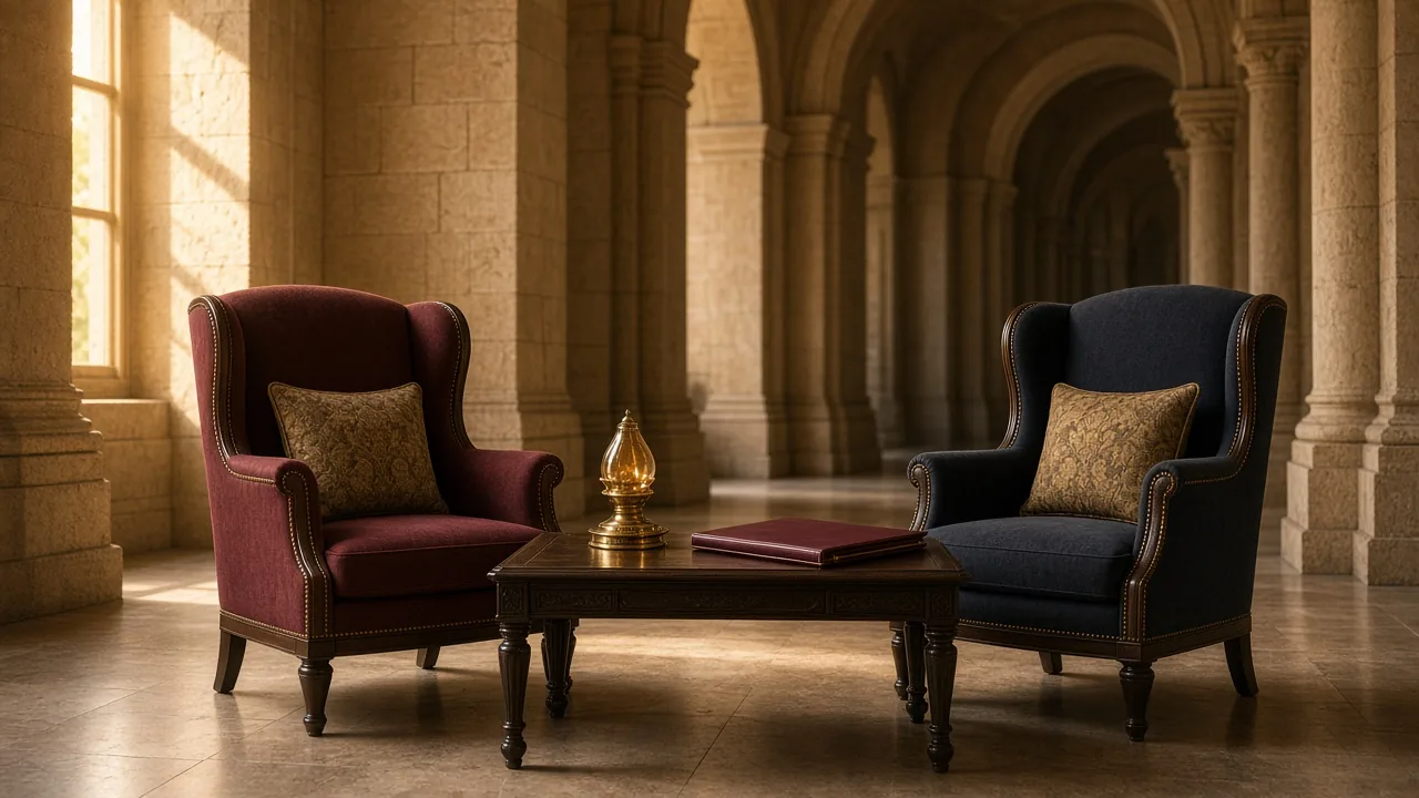 Two chairs and a shared lamp in a stone hall